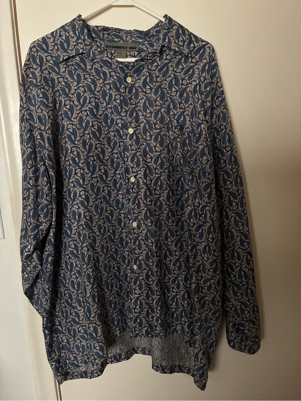 Resource One Blue Paisley Collared Button-Up Silk Men’s Pajamas Top Size XL